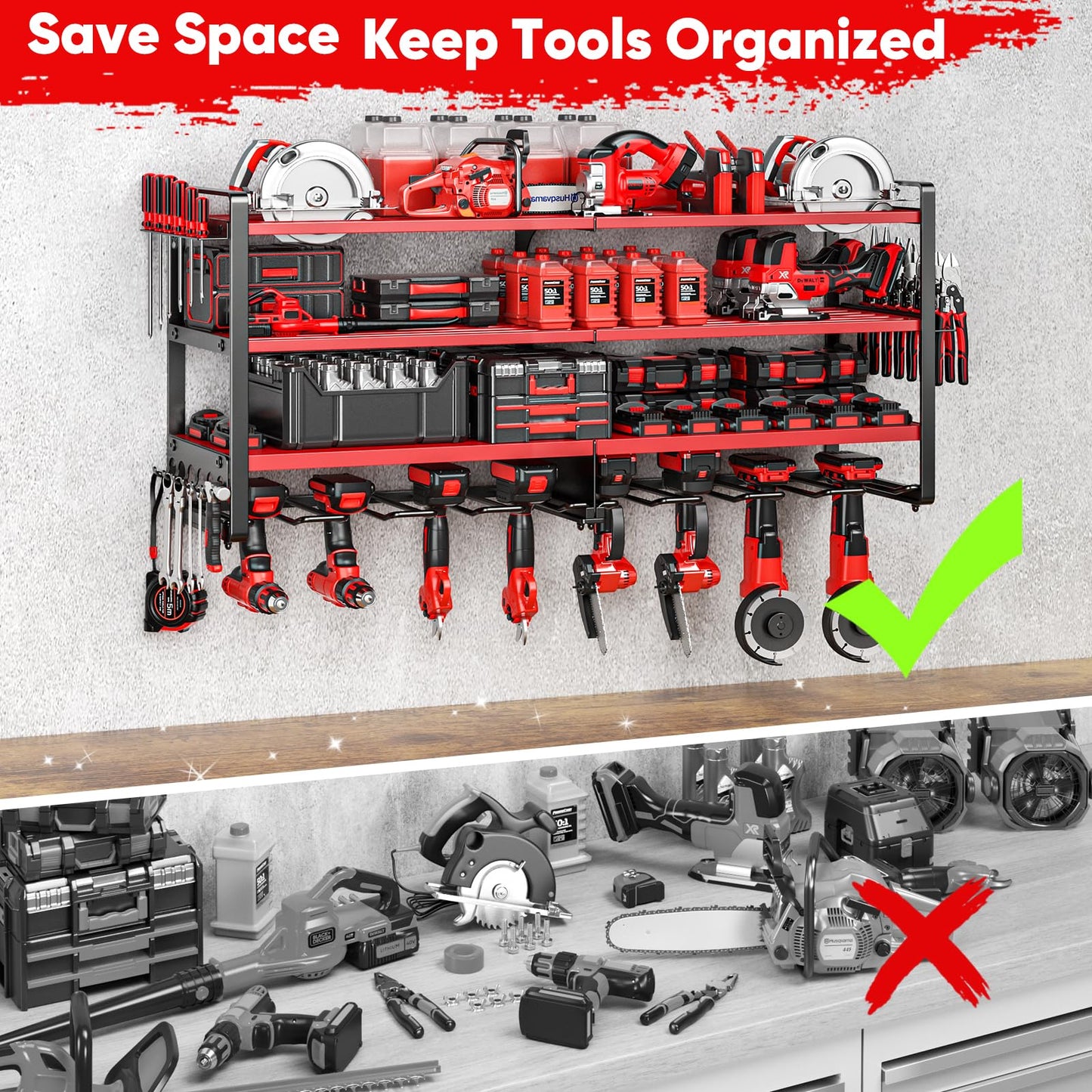 POKIPO Upgrade Large power tool organizer Wall Mount,4 Layers Heavy Duty Metal Loads 400lbs Power Tool Hanger Shelf Battery Storage with 8 Cordless Drill Bit Holder,Utility Racks for Garage Tool Room