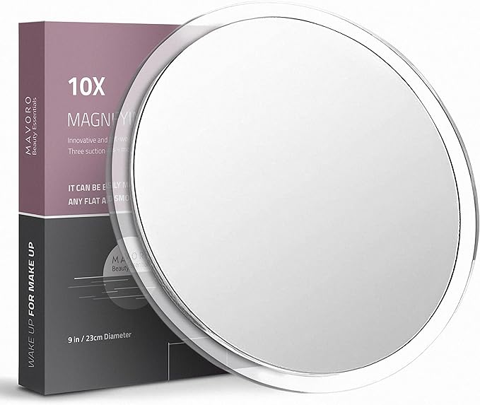 Mavoro 9'' Magnifying Mirror with 3 Strong Suction Cups | 10X Magnification | Portable Travel Makeup & Cosmetic Mirror (10X)