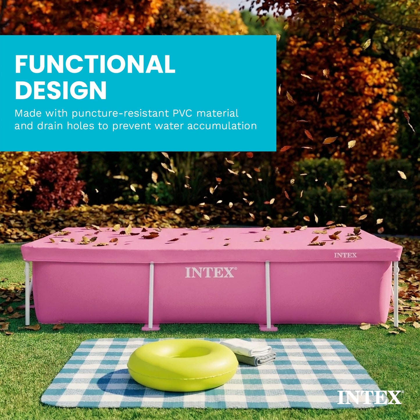 INTEX 28035E Pool Cover: for 8.5ft x 5.3ft Rectangular Metal Frame Pools – Includes Rope Tie – Drain Holes – 12in Overhang – Snug Fit