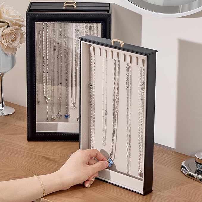 Lolalet Necklace Organizer Box, Jewelry Storage Box with Clear Window for Necklaces Bracelets, Tangle-Free Necklace Display Case for Women Girls -Black, 3 Layers 30 Hooks