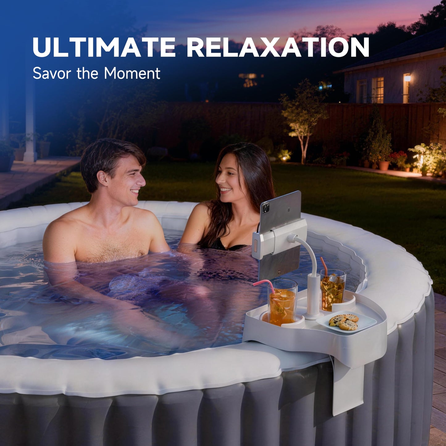 POOLCOMFT Hot Tub Table Tray with Adjustable Phone Holder, 2 Cup Holders, Hot Tub Accessories, Perfect for Outdoor Inflatable Hot Tub & Pool, Unique Gifts for Women, Mom(Scented Candle & Card)