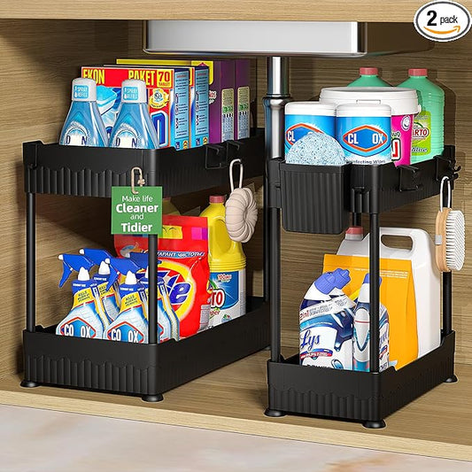 Sevenblue 2 Pack Under Sink Organizer, Under Bathroom Cabinet Organizer with Hooks Hanging Cup, Multi-Purpose Storage Shelf for Kitchen Bathroom, Black