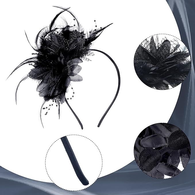 Womens Fascinators Hats Tea Party Hats for Women, Feather Pearl Veil Headband for Wedding Cocktail Dresses Accessories