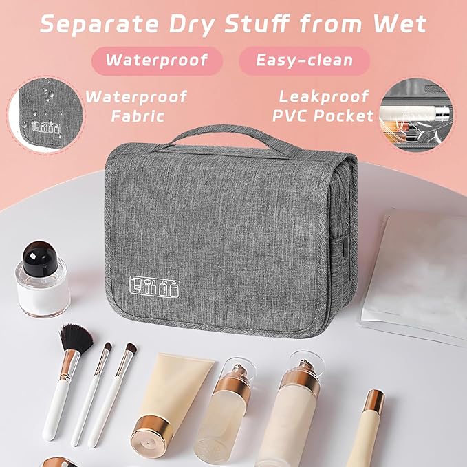 Toiletry Bag Travel Bag with Hanging Hook, Waterproof Shower Bathroom Hanging Toiletry Bag for Men Women,Small Multifunctional Makeup Cosmetic Bag,Portable Toiletries Bag Travel Organizer (Grey)