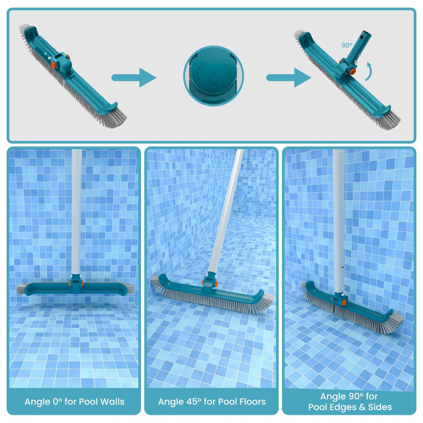 Economy Swimming Pool Cleaning Kit - Fine Mesh Deep Pool Rake & Leaf Skimmer Net, Rotatable Pool Brush Head for Cleaning Above Ground & Inground Pools (No Pole)