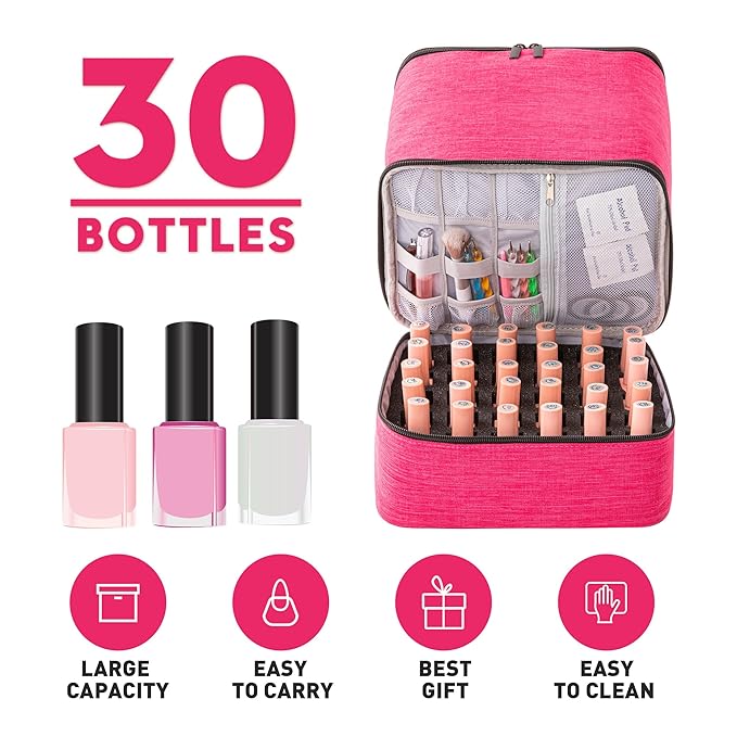 Travel Nail Polish Organizer, Holds 30 Bottles (15ml), Double-layer Nail Polish Carrying Case, Large Capacity Portable Storage Bag for Nail Varnish and Manicure Set