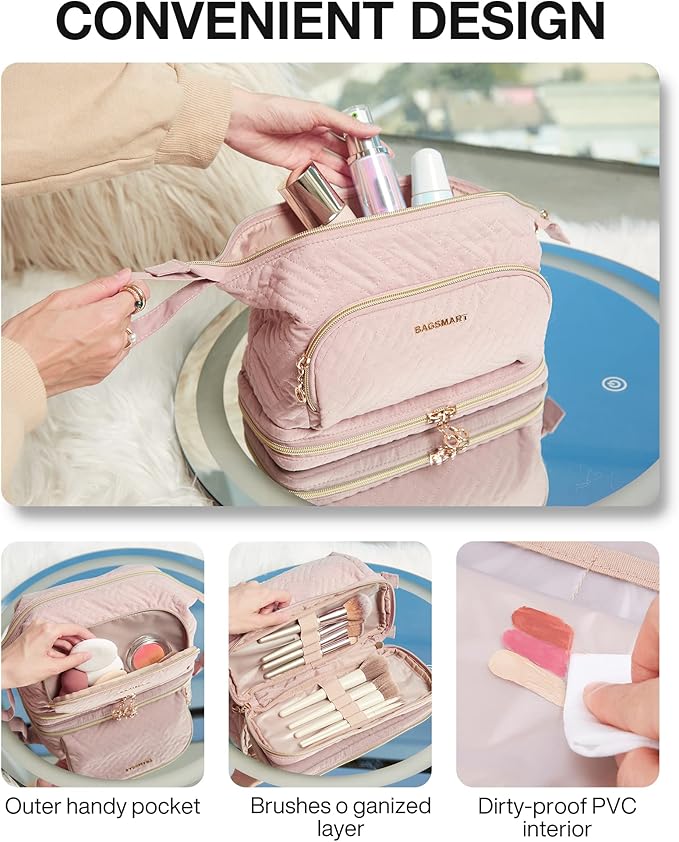 BAGSMART Travel Makeup Bag, Cosmetic Bag Make Up Organizer Case, Dorm Room Essentials Large Wide-open Pouch Women Travel Essentials Double Layers Purse for Toiletries Accessories Brushes Pink