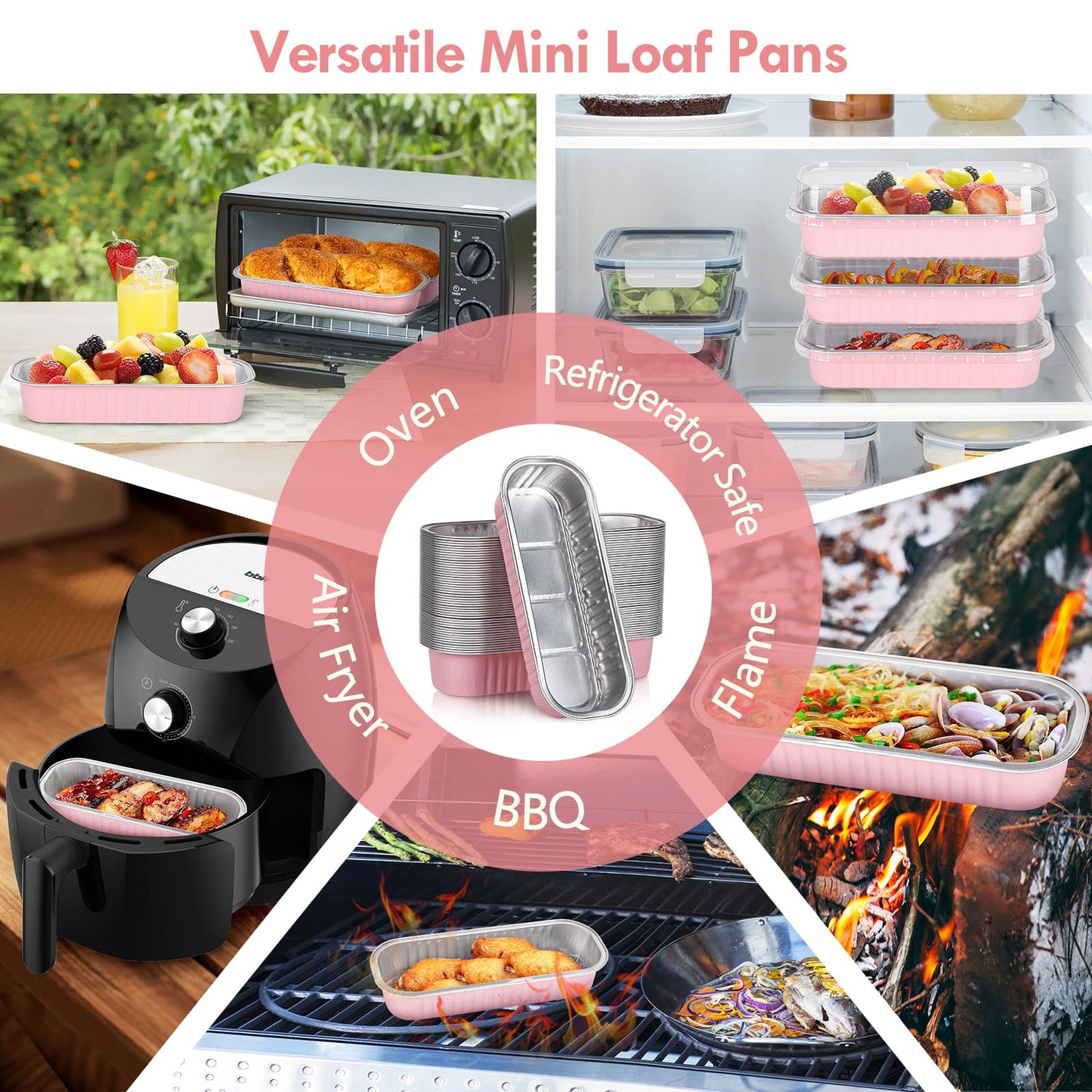 YQER 100 Pack Mini Loaf Pans with Lids and Spoons Sealing Sticker, 6.8oz Mini Cake Pans for Baking, Disposable Aluminum Foil Loaf Pans, Pink Loaf Baking Pans, Small Cake Containers With Lids