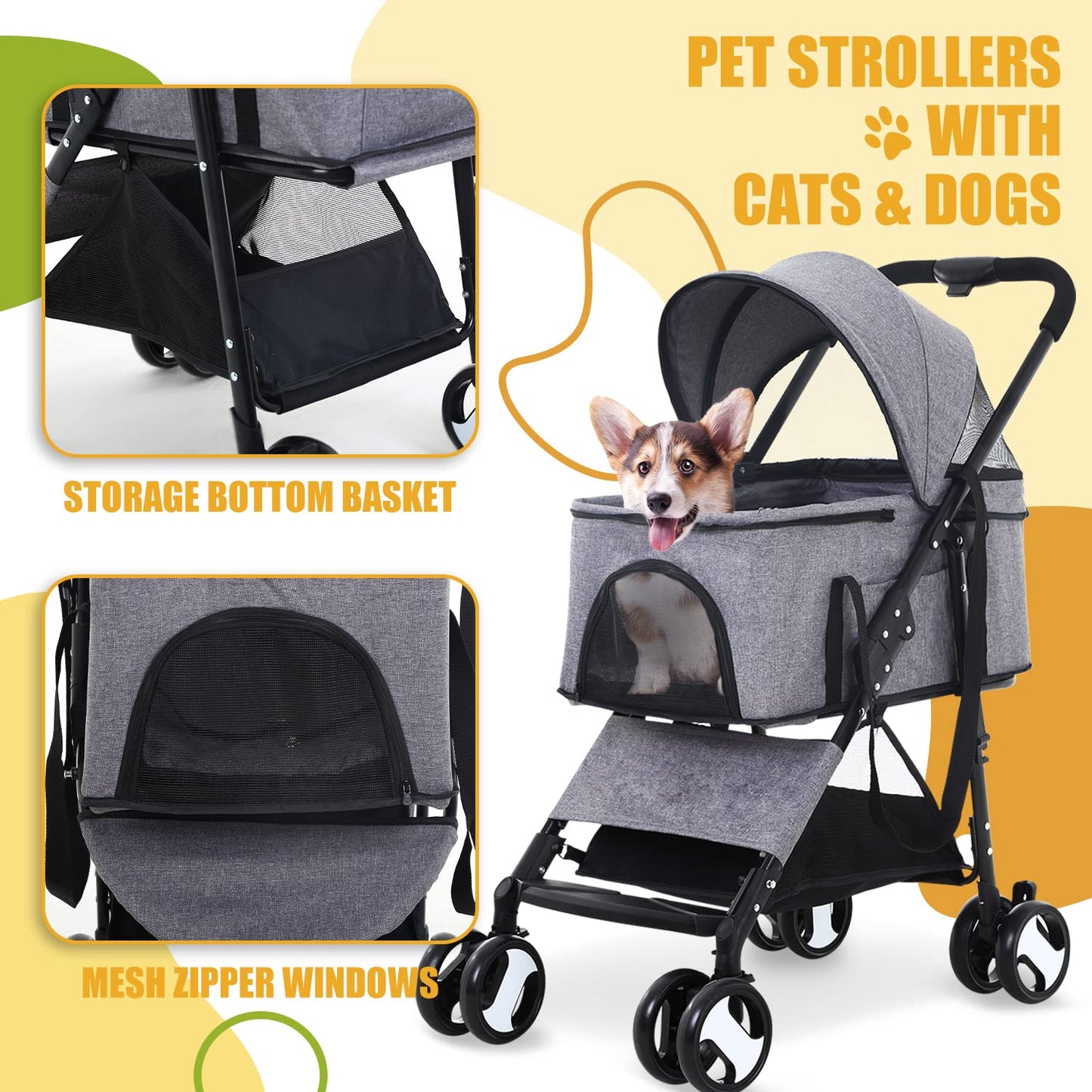 Dog Stroller 3-in-1 Folding Dog Stroller for Medium Small Dogs Pet Stroller Cat Stroller 4 Wheels with Detachable Carrier Storage Basket Waterproof Lightweight for Travel,Grey