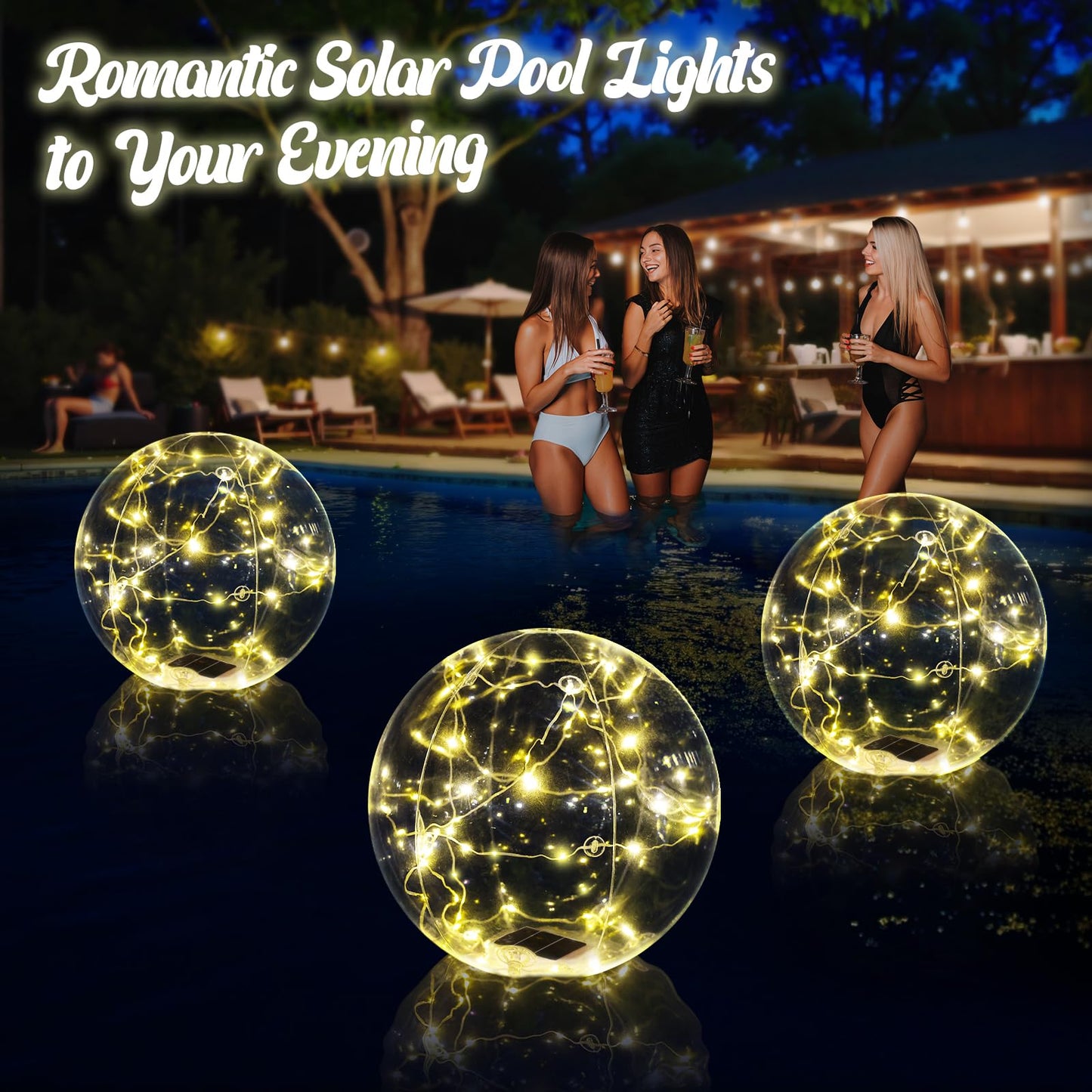 Cootway Floating Pool Lights, 15 Inch Warm White Solar Pool Light that Float, IP68 Waterproof Inflatable Light Up Pool Balls, Float or Hang Solar Floating Lights for Pool, Wedding, Party Decor - 2PC