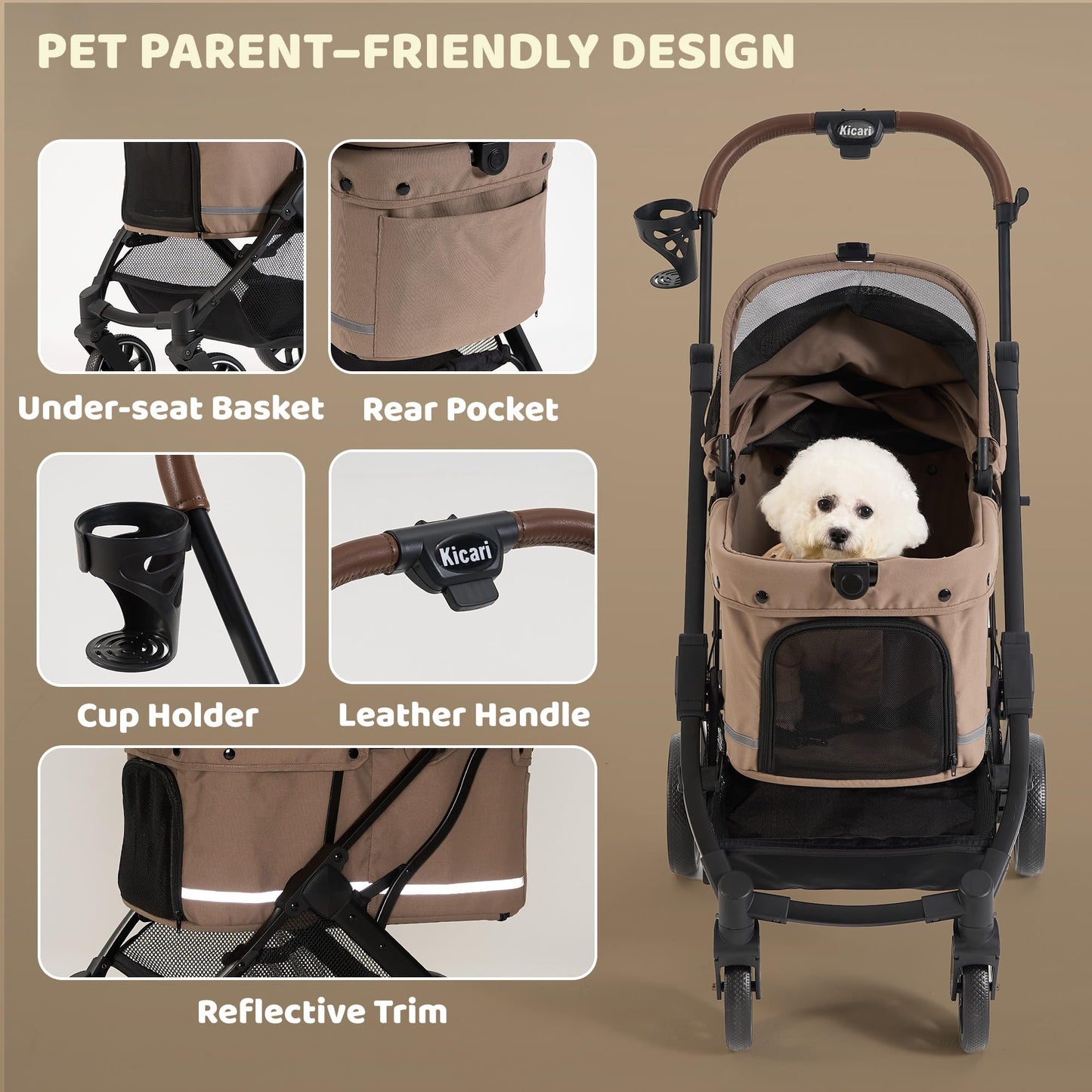 Kicari All-Terrain Dog Stroller for Small to Medium Dogs, Pet Stroller for Dogs & Cats Outdoor Walks, One-Hand Easy Fold, Double-Layer Anti-UV & Waterproof Canopy & Breathable Mesh, Mocha Brown