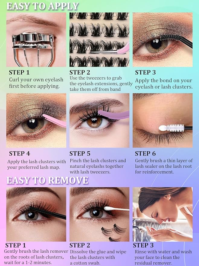 Lash Clusters Natural Wispy Lash Clusters Kit C/D Curl 444Pcs Volume Lashes Clusters Manga Lashes Pack Individual Lashes Lash Bond and Seal Lash Remover Lash Tweezers