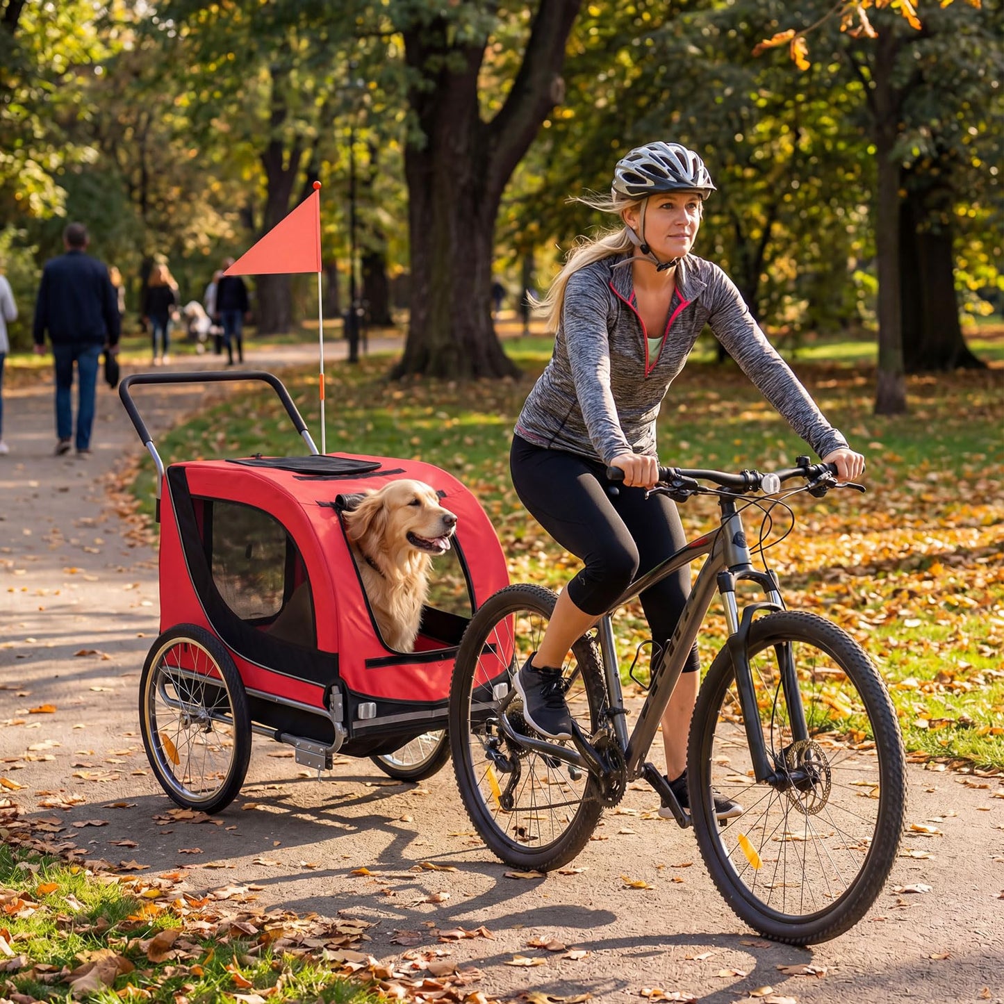 Giantex 2-in-1 Dog Bike Trailer & Pet Stroller for Large Dogs – Foldable Pet Carrier Cart with Front Caster & 2 Air-Filled Tires, Breathable Mesh, PVC Rain Cover, 176 lbs Capacity (Red)