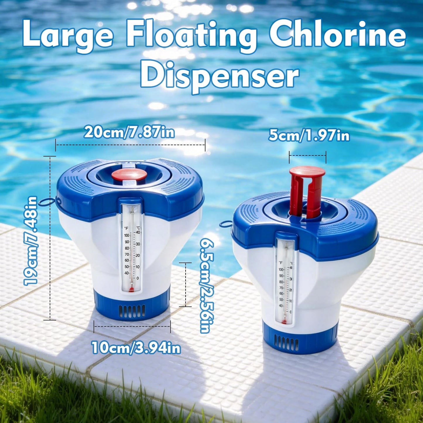 Pool Chlorine Floater Dispenser with Thermometer - 8" Pool Floater Pop-Up Refill Indicator Large Floating Chlorine Holder for 1 to 4 inch Tablets Floating Dispenser for Pools Spas Hot Tubs