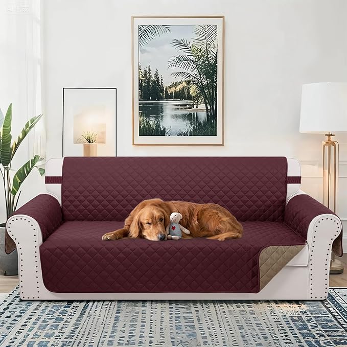 Reversible Oversized Sofa Covers Couch Cover Furniture Protector for Dogs Elastic Straps Water Resistant(XLSofa,Burgundy/Camel)