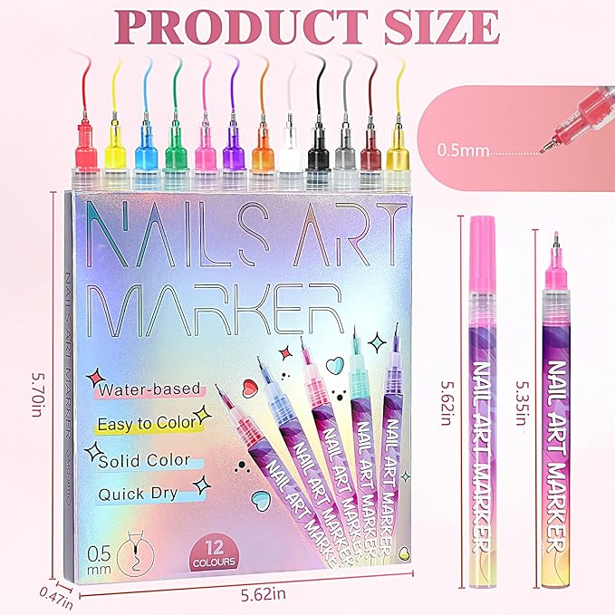 12 Colors Nail Art Pens, 0.5mm Fine Tip 3D Acrylic Polish Pen Set, Waterproof Quick-Drying Dotting Graffiti Drawing Liner Brush, DIY Nail Art Design Manicure Tools for Beginners Women Home Salon Use