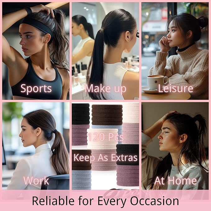 LuSeren 120PCS Soft Hair Ties for Women Ã¢ÂÂ No Damage Ouchless Nylon Hair Accessories, Seamless Fabric Ponytail Holders for Daily Use (Natural Colors)