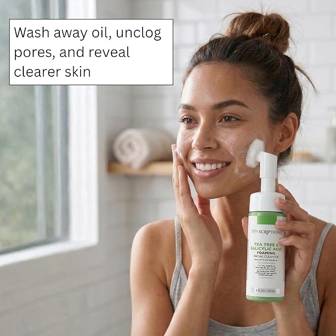SpaScriptions 2 in 1 Cleanse & Exfoliate Foaming Facial Cleanser - Tea Tree & Salicylic Acid Face Wash with Silicone Brush for Acne & Pores with Oil Control for Daily Cleansing, All Skin Types, 5 oz