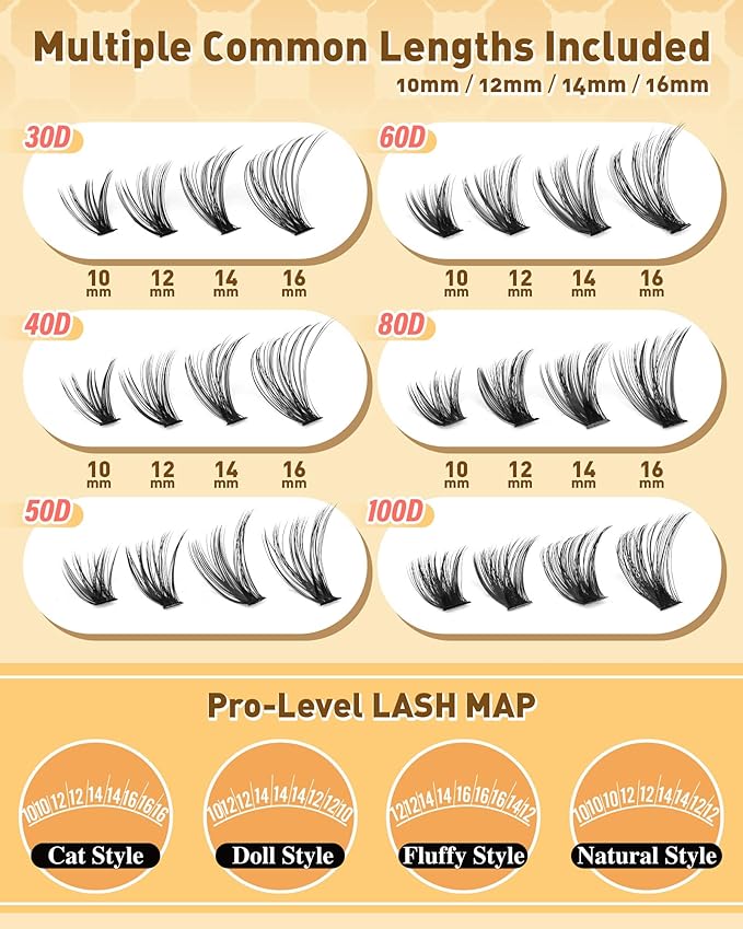 Calphdiar Eyelash Clusters 30D+40D+50D+60D+80D+100D Lash Clusters Wispy Individual Lashes 476PCS D-curly Lash Extension 10-16MM Natural Lashes Clusters DIY Cluster Eyelash Extensions