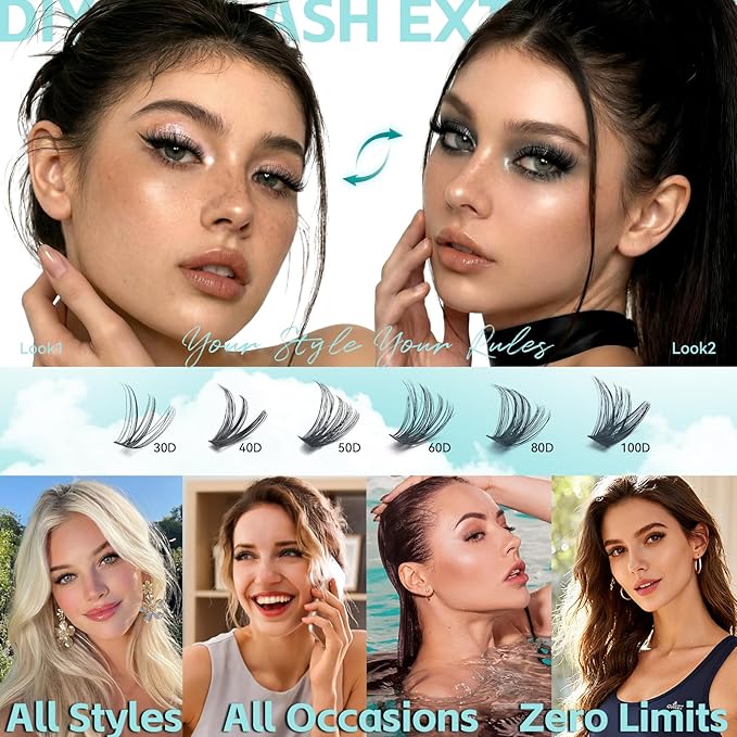 Wispy Lash Clusters, Individual Cluster Lashes, DIY Cluster Eyelash Extensions for Natural Wispy Look, Soft Lightweight Individual Lash Clusters for At-Home Lash Extension (30D&40D&50D 9-16mm)