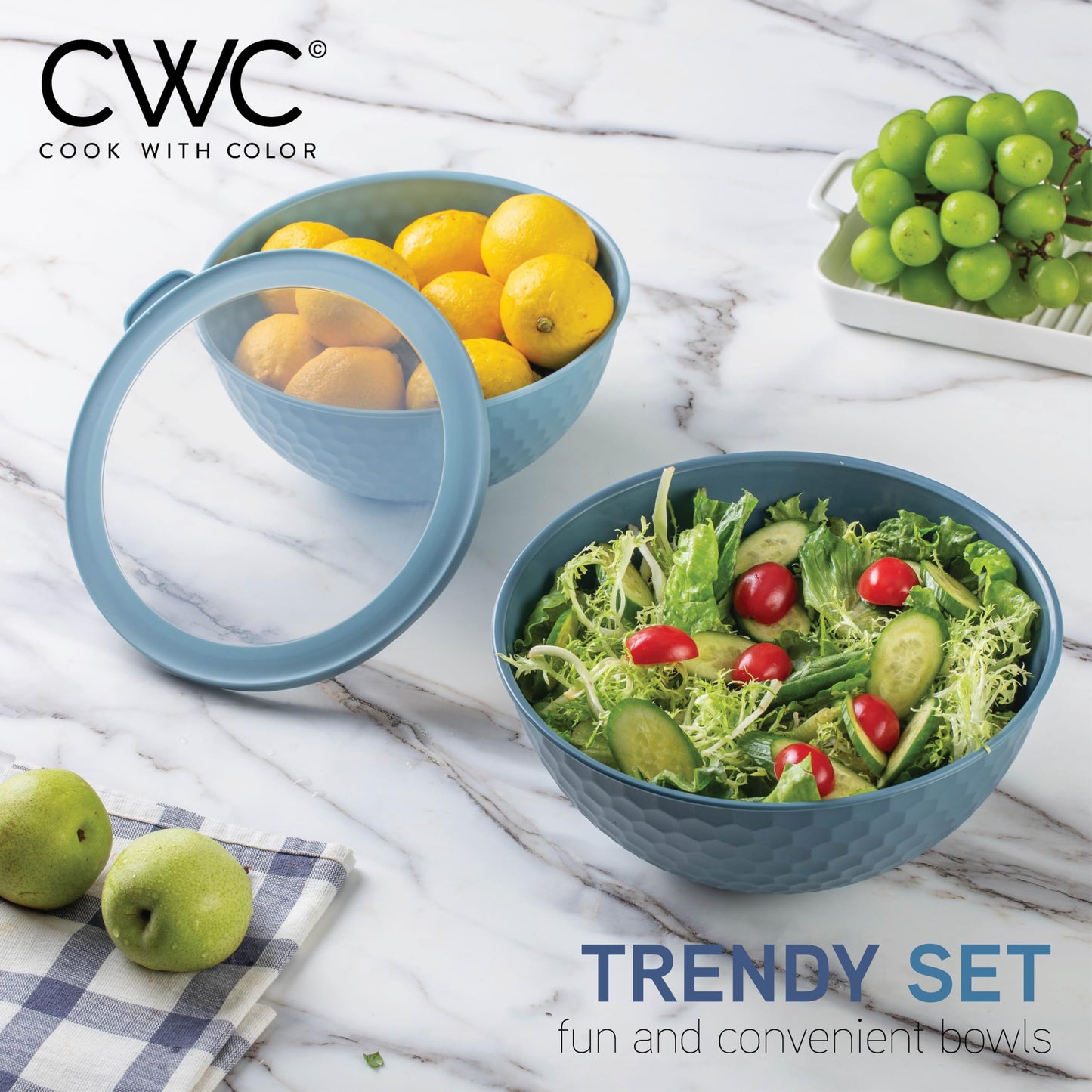 COOK WITH COLOR Mixing Bowls with Lids - 12 Piece Plastic Nesting Bowls Set includes 6 Prep Bowls and 6 Lids, Non Slip Bottom and Embossed Design - Microwave Safe (Blue)