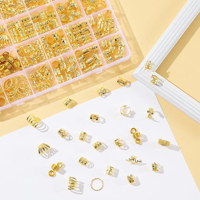 220Pcs Gold Hair Jewelry for Braids, 12 Styles Gold Hair Accessories Cuff for Braids and Dreadlocks, Adjustable Metal Rings Cuffs Clips for Dreadlock Accessory Jewelry Decorations