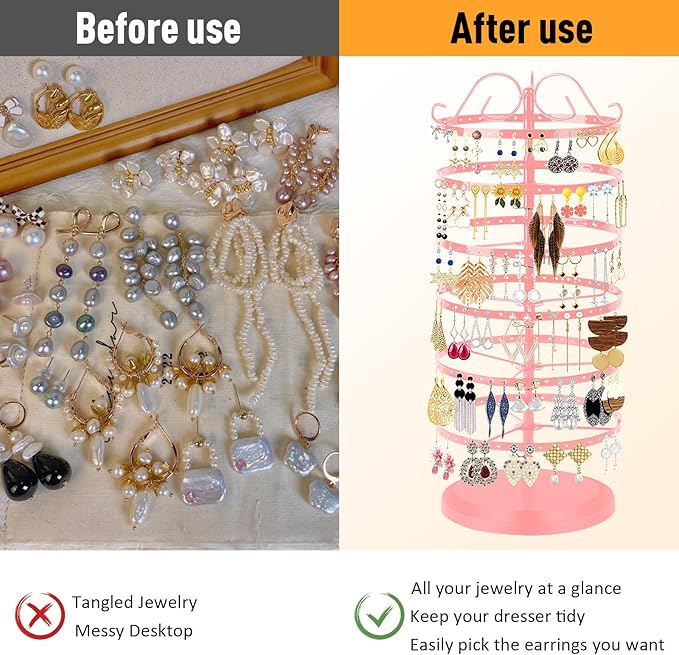 6 Tier Rotating Jewelry Organizer Stand, 230 Holes Earring Holder Organizer for Women Girls, Spinning Earring Tree with Ring Holder, Wide Base for Bracelets Watches Lipstick