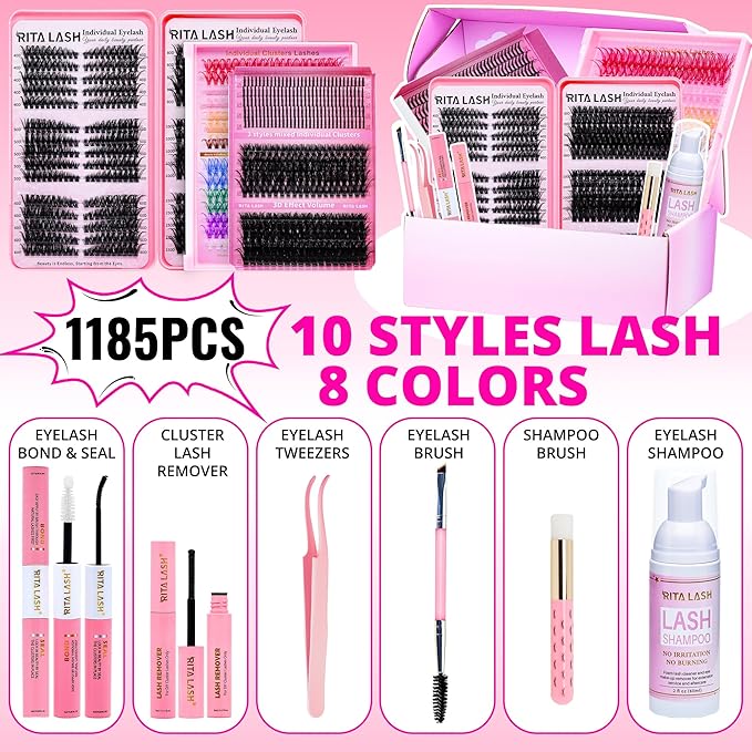 Lash Clusters Kit Bulk 3D Effect Eyelash Clusters Kit Cat Eye Lashes Cluster Eyelash Extensions Pack Colored Lashes Cluster PestaÃÂ±as Postizas Naturales+Bond&Seal,Remover,Tweezers,Cleanser(Lash Kit-7)