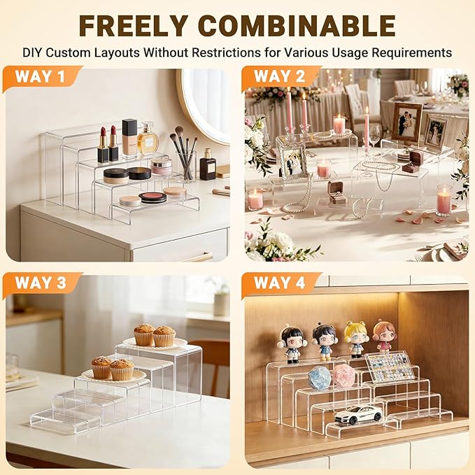 FUNFERY Acrylic Display Risers, 2 Set(7.8" L~8.2" L~8.6" L~9Ã¢ÂÂL~9.3Ã¢ÂÂL) Display Shelf for Figure, Collectibles, Cupcake, 5-Tier Clear Acrylic Stands for Dessert, Jewelry, Candy Showcase