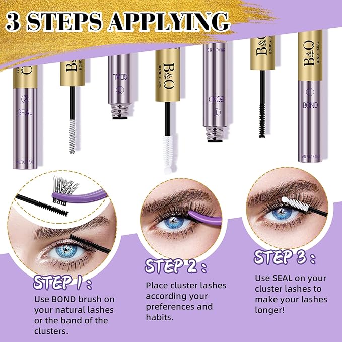 B&Q Lash Cluster Glue 10ML Lash Bond and Seal Waterproof for Eyelash Clusters, Best Lashs Bond and Seal, Professional DIY Lashs Glue Bonds & Seals Long Lasting Strong Hold 2-in-1 Home Use(Bond&Seal)
