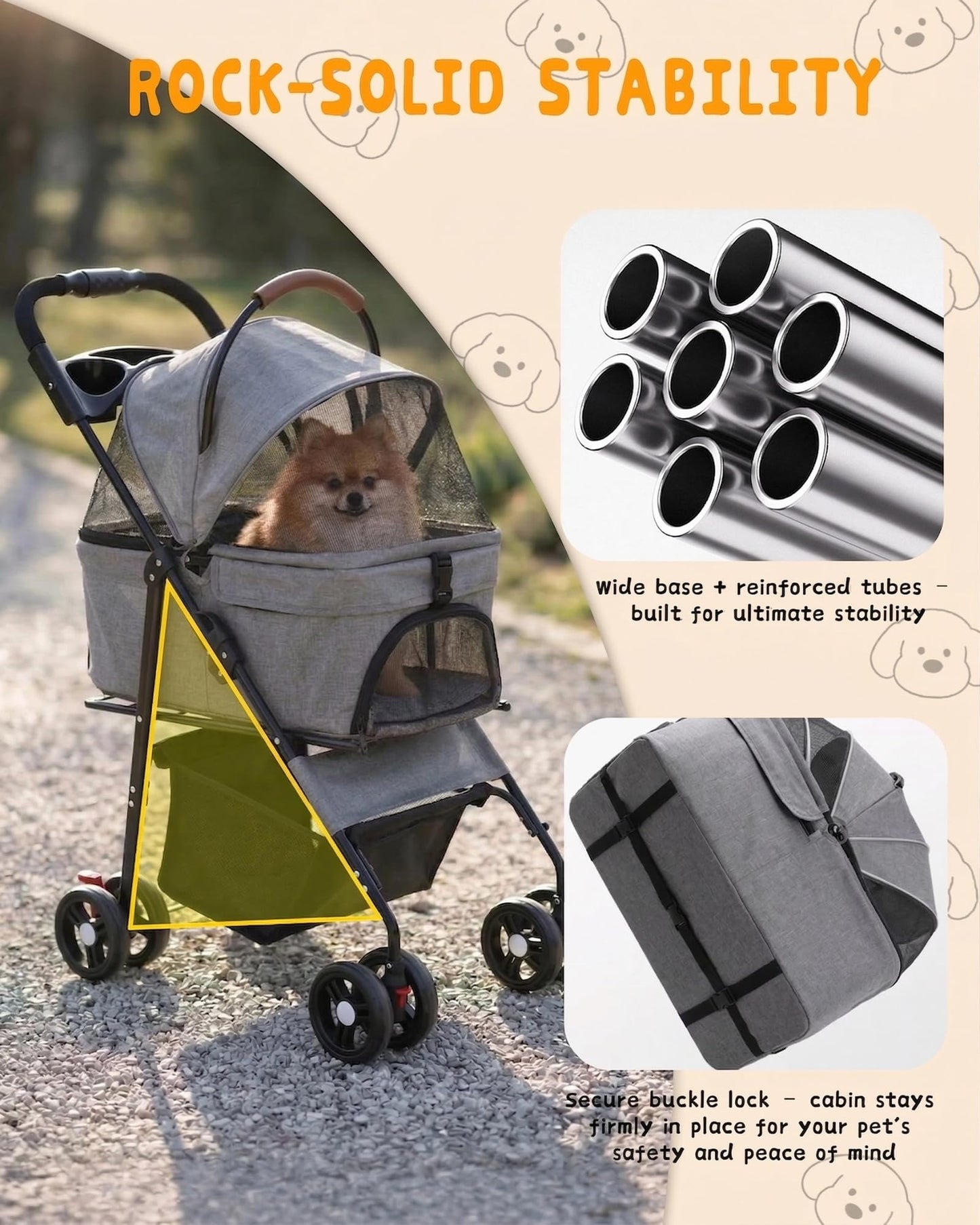 Pet Stroller with Removable Carrier, 35lbs Capacity - One-Click Foldable Dog Stroller, Cat Carrier & All-Terrain Wheels, Compact Travel Pet Stroller for Small to Medium Pets-Gray