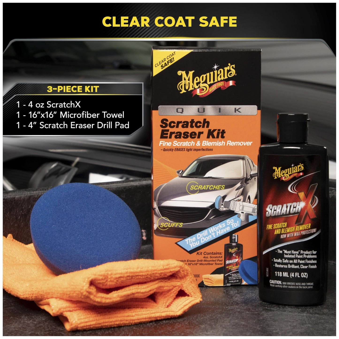 Meguiar's Quik Eraser Kit, Car Scratch Remover for Repairing Surface Blemishes, Car Scratch Repair Kit with ScratchX, Drill-Mounted Pad, and Microfiber Towel, 4 Count