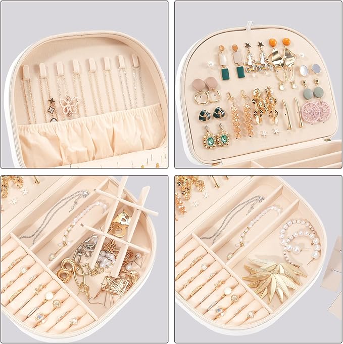 ProCase Travel Size Jewelry Box, Large Portable Seashell-Shaped Jewelry Case, 2 Layer Jewelry Organizer in PU Leather for Women -White