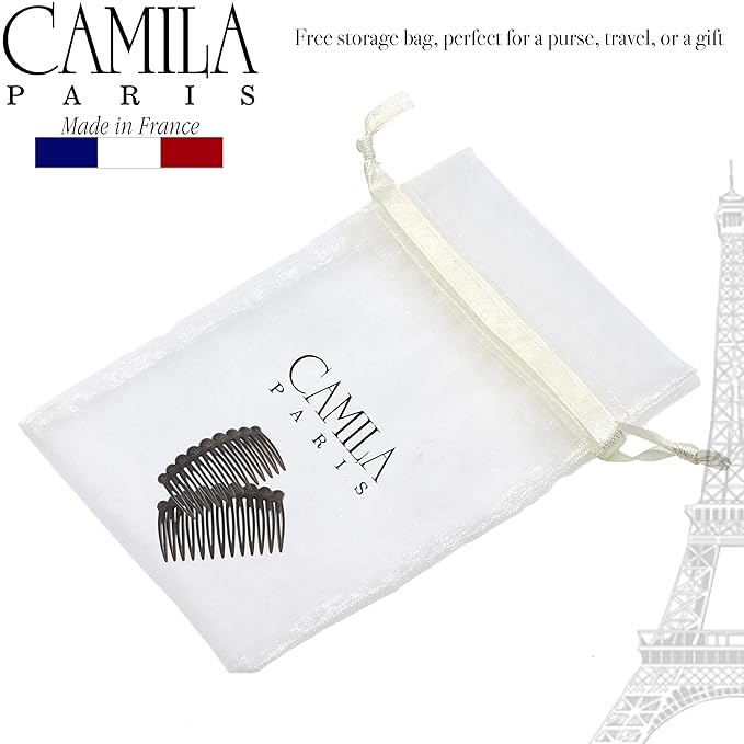 Camila Paris CP3034 French Hair Side Comb, Small Rounded, Gray French Twist Hair Combs Decorative, Strong Hold Hair Clips for Women Bun Chignon Up-Do Styling Girls Hair Accessories, Made in France