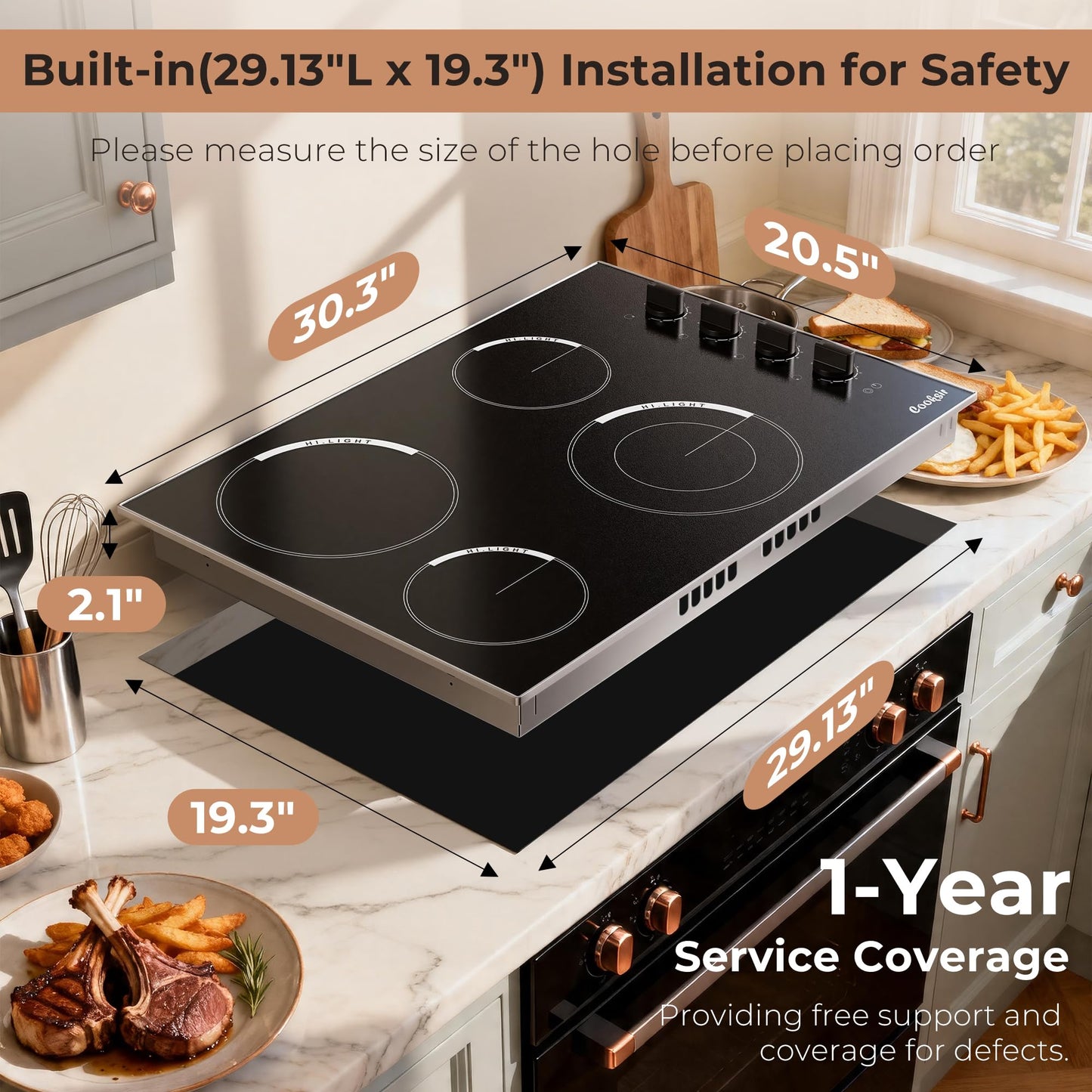 Cooksir Electric Cooktop 30 Inch - 4 Burner Built-in(29.13"x19.3") Electrical Stovetop 7400W, 30 In Radiant Electric Stove with Glass Protection Metal Frame, Auto Shut Off, 220-240V Hard Wired