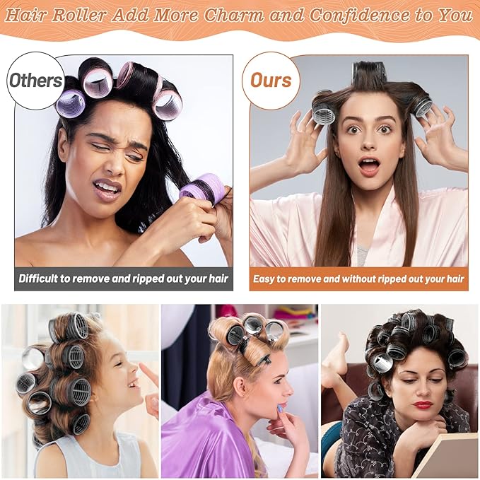 Hair Curler Rollers for Women 24PCS Heatless Hair Roller with 12PCS Clips, 4 Sizes（Jumbo Large Medium Small）Self Grip Holding Hair Rollers for Long Medium Short Thick Fine Volume Thin Bangs Hair