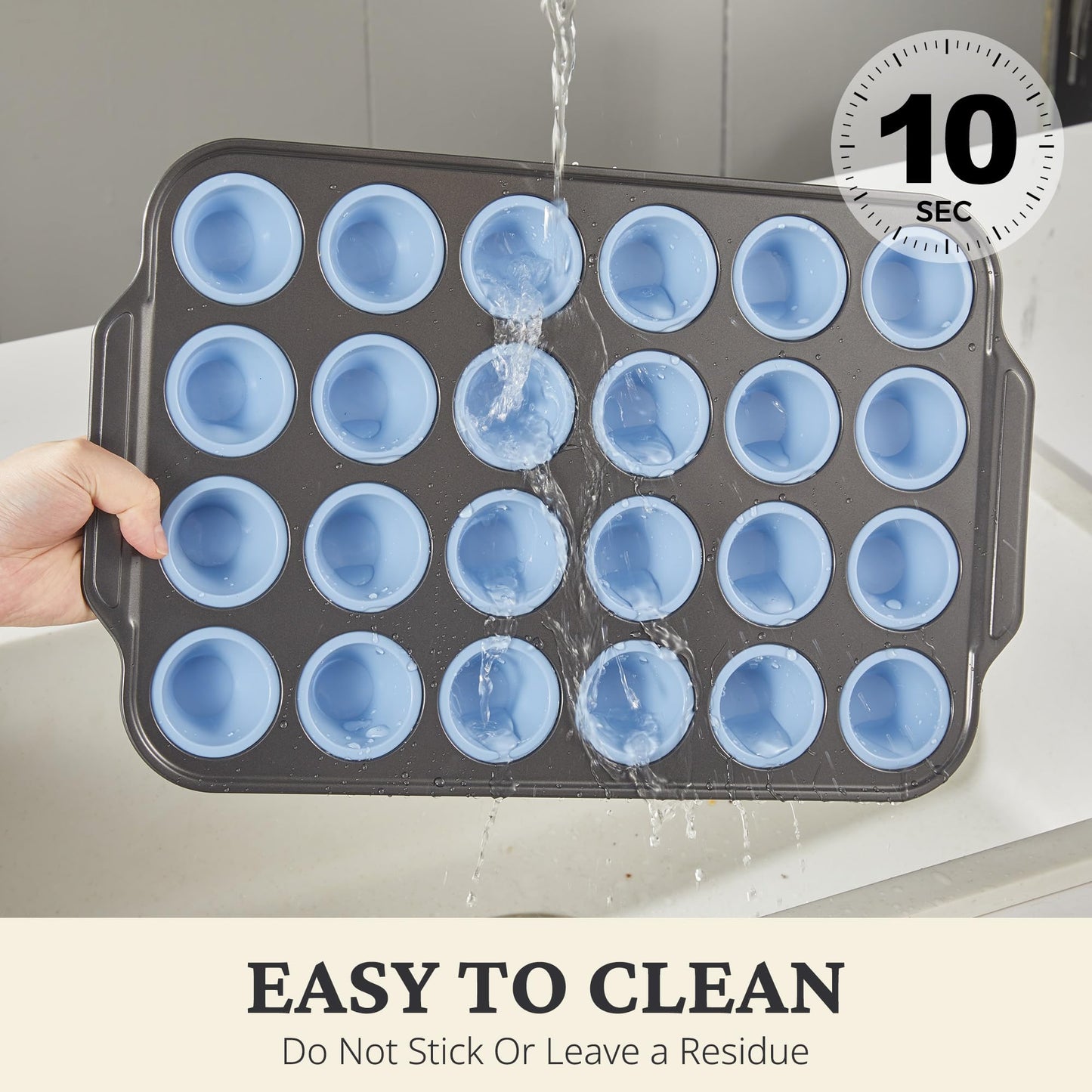 BRONYPRO Silicone Mini Muffin Pan with Metal Frame, Egg Bite Molds for Baking,Cupcake Pan 24 Regular Size, Mini Muffin Tin Easy to Pop Nonstick Non Toxic Bakeware for Oven,Blue