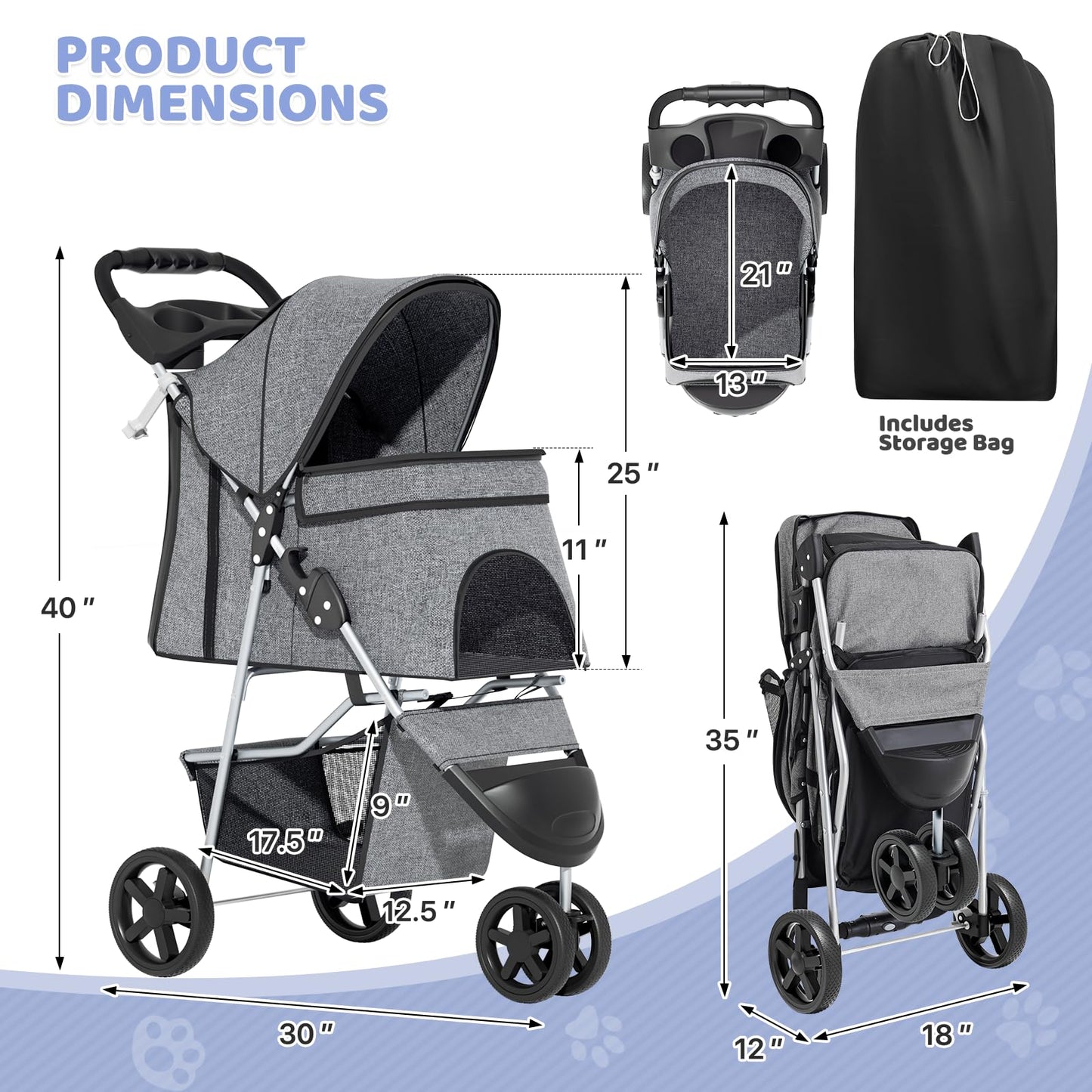 Magshion 3-Wheel Pet Stroller, Foldable Travel Jogger for Small & Medium Dogs & Cats (Up to 33lbs), Lightweight Carrier with Breathable Mesh Cover, Cup Holder & Storage Basket, Gray