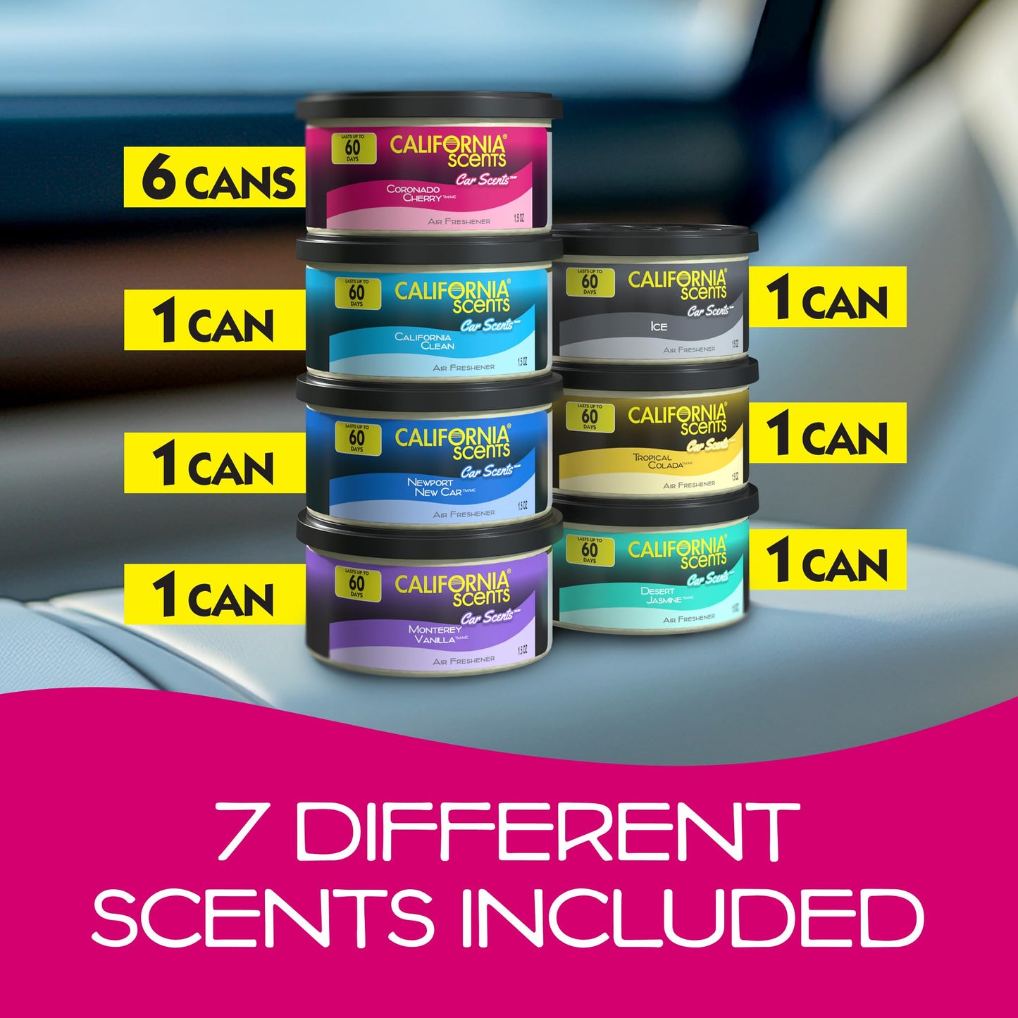 California Scents Can Air Freshener and Odor Neutralizer, Set of 12 Spillproof Cans for Home and Car, Assorted Scents, 1.5 Oz Each (Packaging May Vary)