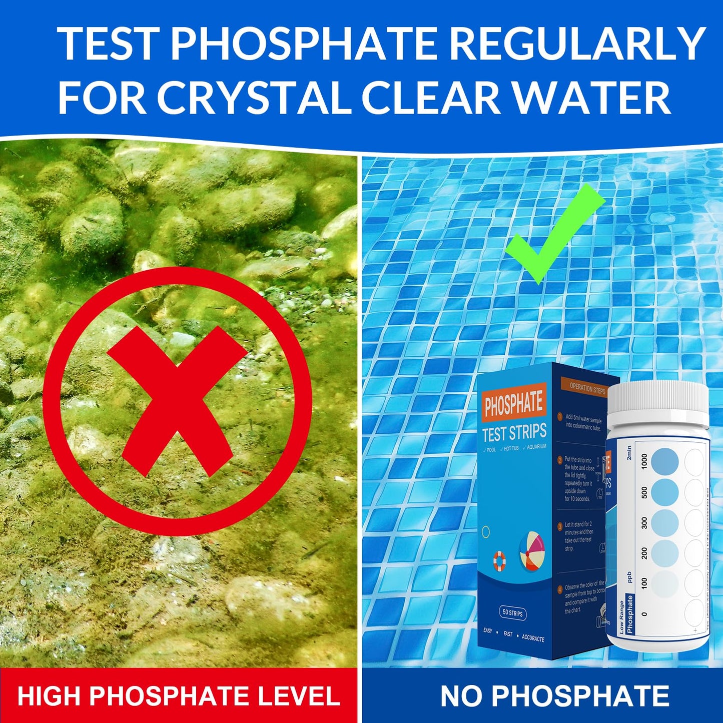 AKSBTEC Phosphate Test Kit - Pool Phosphate Test kit-50 Counts Phosphate Test Strips for Swimming Pool, Spa, Hot Tub,Aquarium,Fish Tank- Phosphate Test kit for Freshwater,Saltwater Testing