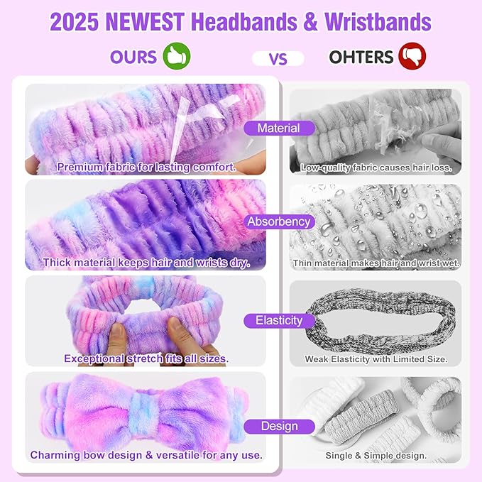 6 Pack Spa Headband with Wristbands: Washing Face Facial Makeup Skincare Headbands for Women Teen Girls - Soft Coral Fleece Elastic Hair Wraps for Easter Basket Stocking Stuffers Valentines Day Gifts