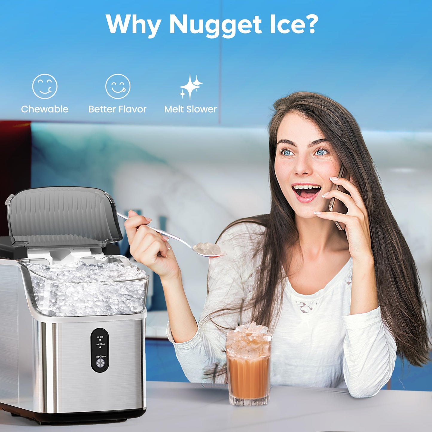 Electactic Nugget Ice Maker Countertop with Handle, 34lbs/24H, Portable Pellet Ice Machine, Soft Chewable Ice, Self-Cleaning, One-Touch Operation for Home, Party, Office, Gift Idea (Black)