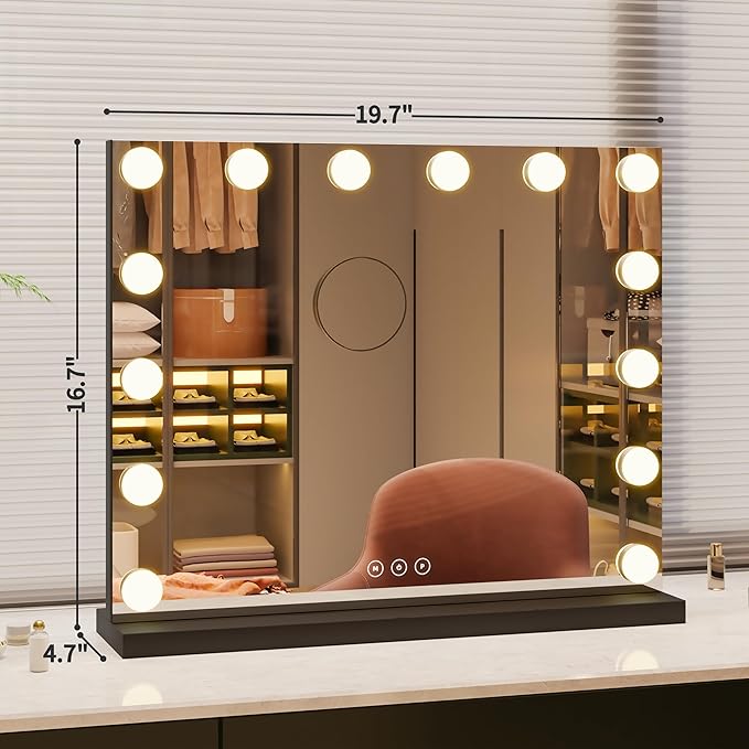 Vanity Mirror with Lights Lighted Makeup Mirror with Dimmable LED Bulbs,3 Color Lighting Modes,USB Charging Port Touch Control,Sturdy Metal Frame Design,Black (50x40cm, 4.70)