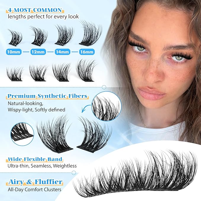 PHKERATA Fluffy Lash Clusters Wispy Eyelash Clusters Volume Clusters Eyelash Extensions, 10-16mm Mixed DIY Individual Lashes Cluster with Soft Thin Band, 108Pcs