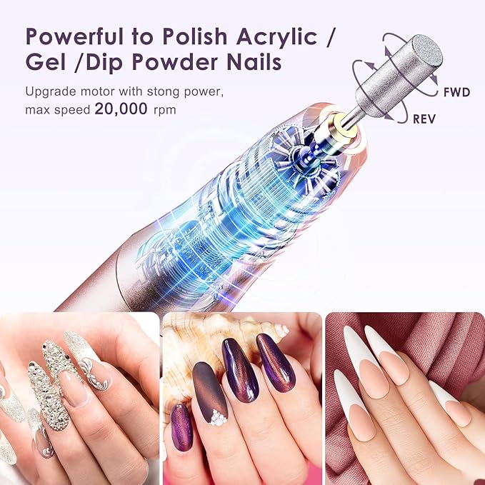 COSLUS C20 Cordless Nail Drill Electric File: Professional for Acrylic Gel Dip Powder Nails Portable Nail Drill Machine Kit for Manicure Pedicure Nail Set with Everything Rechargeable Lightweight