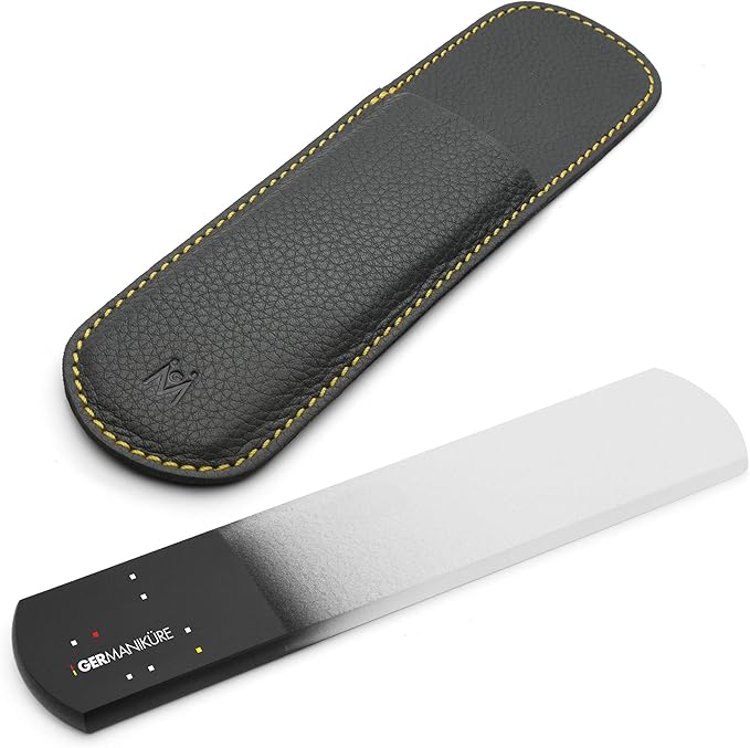 GERMANIKURE Black Glass Nail File & Pedicure Bar Set in Leather Sleeves - Ethically Made in Czech Republic - Professional Manicure & Pedicure Kit for Fingernail Care, Foot Callous & Dry Skin Removal