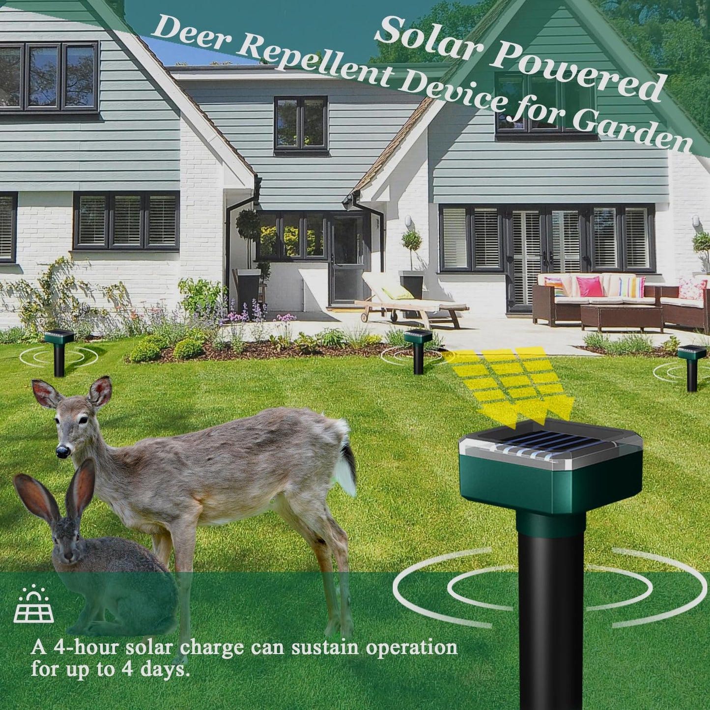 Deer Repellent Devices, Sonic & Solar-Powered Outdoor Deer Deterrent for Garden Plants, 7000 Sq Ft Coverage, Waterproof Sonic Repeller to Keep Deer and Rabbits Away (4)
