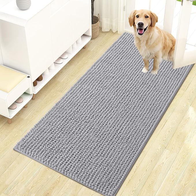 OLANLY Dog Door Mat for Muddy Paws 47x24, Ultra Absorbent Chenille Mud Doormat, Non-Slip Washable and Dirt Trapping Doormat for Indoor Entryway, Quick-Dry Indoor Pet Bed Mats for Dogs, Light Grey