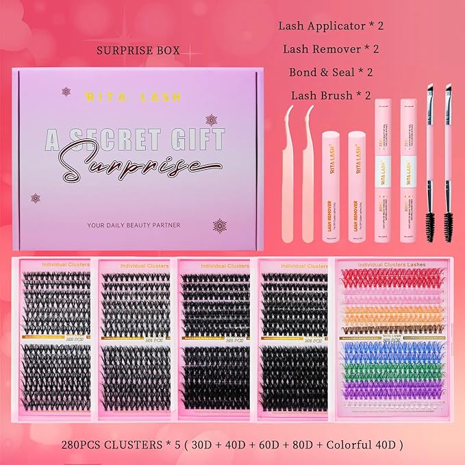 Lash Clusters Kit Eyelash Clusters Kit 4 Boxes+1 Colorful Cluster Eyelash Extensions PestaÃÂ±as Postizas Naturales with Lash Bond and Seal*2,Remover*2,Tweezers*2,Mascara Brush*2(13 Counts Lash Kit-4)