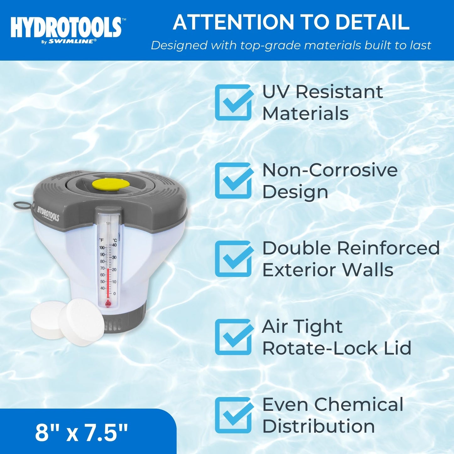 SWIMLINE HYDROTOOLS Smart Chlorine Floater Dispenser for Above Ground & Inground Pools Spas W/Thermometer | Tablet Refill Indicator & Tongs | Large Adjustable Floating 3-Inch Chlorine Bromine Tabs